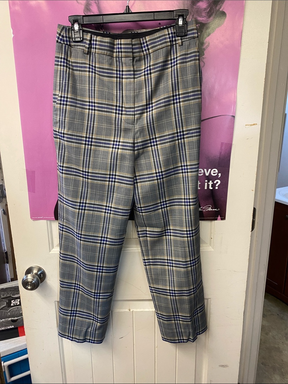 Tibi Gray Plaid Dress Pants with Blue, Grey & Black Windowpane